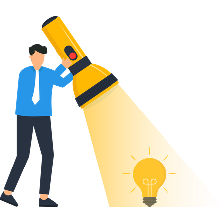 Businessman Finding Solution with Flashlight & Lightbulb  Illustration
