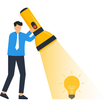 Businessman Finding Solution with Flashlight & Lightbulb  Illustration