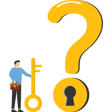 Key To Unlock Answer For Problem And Questions Solution Or Reason To Solve Problem Wisdom Or Understanding Concept Smart Businessman Holding Golden Key To Unlock Keyhole On Question Mark Sign Illustration