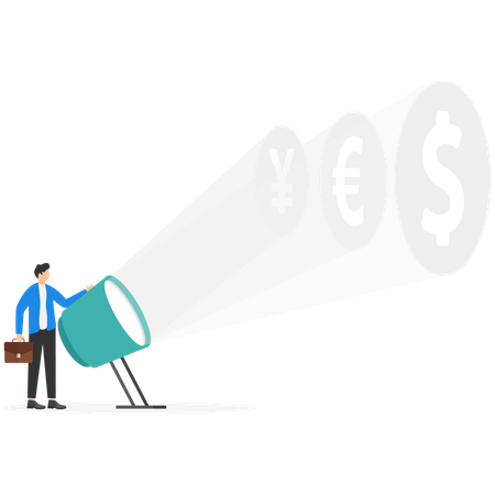 Businessman finding spotlight on Dollar currency  Illustration