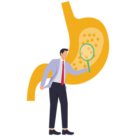 Businessman finding Stomach heartburn using Magnifying Glass  Illustration