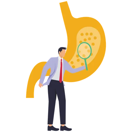 Businessman finding Stomach heartburn using Magnifying Glass  Illustration