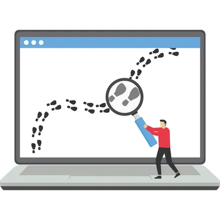 Website Visitor Tracking Or Digital Footprint Analyze User Behavior Or Track Bounce Rate Concept Businessman Detective Using Magnifying Glass To Track Visitor Footpath On Laptop Computer Illustration