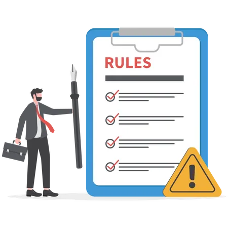 Rules And Regulations Policy And Guideline For Employee To Follow Legal Term Corporate Compliance Or Laws Standard Procedure Concept Businessman Finish Writing Rules And Regulations Document Illustration