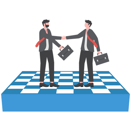 Businessman firmly shaking hands standing on giant chess board  Illustration