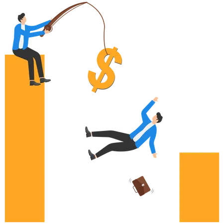 Businessman fishing cash from top of graph and business people running follow money coin with fishing hook  Illustration