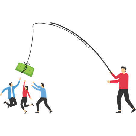 Businessman fishing of money man and women walking follow it to success  Illustration