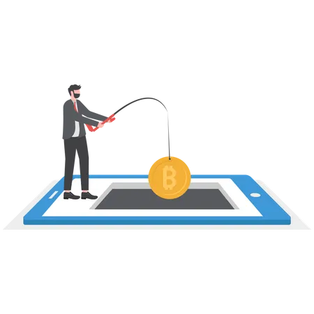 Businessman Fishing Rod A Giant Bitcoin Mining Growth Wealth Concept On Tablet Vector Illustration Illustration