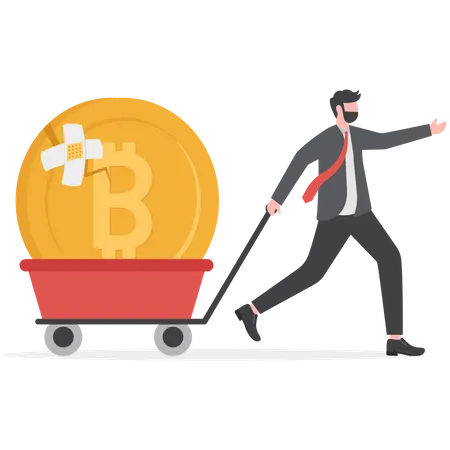 Bitcoin And Cryptocurrency Value Return After Crash Or Collapse Rescue Or Fix Bitcoin Trading Concept Confidence Businessman Investor Or Trader With Damaged Cracked Down Bitcoin Bandage Repair Illustration