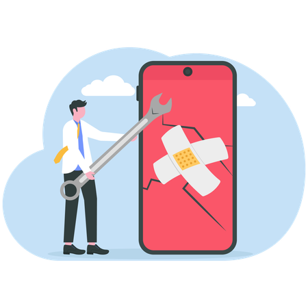 Businessman fixes mobile errors  Illustration