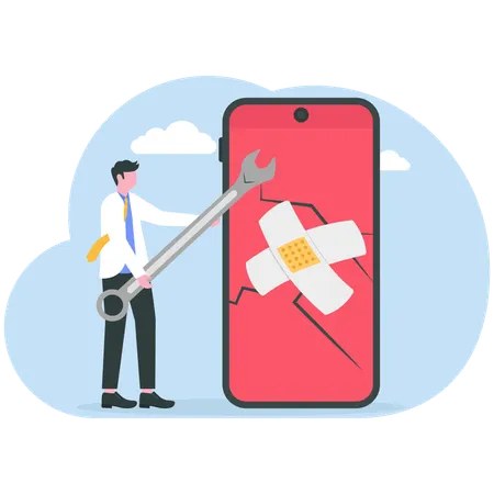 Businessman fixes mobile errors  Illustration