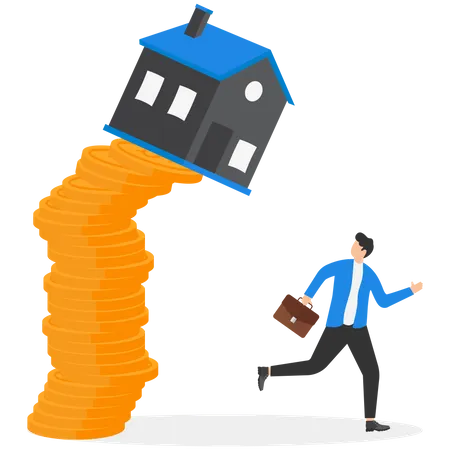 Businessman Fled From A Falling House The House Fell From A Pile Of Coins Modern Vector Illustration In Flat Style Illustration