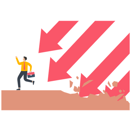 Businessman fleeing a group of falling arrows destroying the ground  Illustration