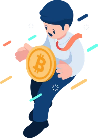 Flat 3 D Isometric Businessman Floating And Holding Bitcoin Bitcoin And Cryptocurrency Investment Concept Illustration