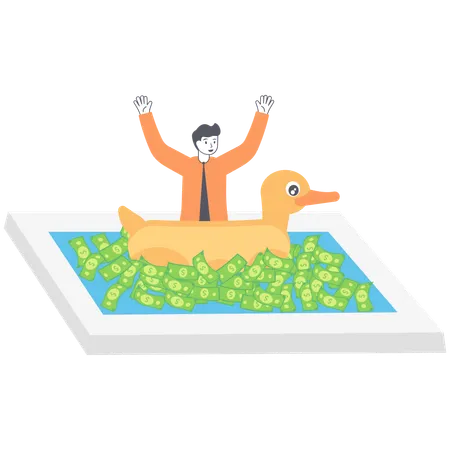 Businessman floating in sea with money with swimming ring rubber duck  Illustration