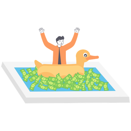 Businessman floating in sea with money with swimming ring rubber duck  イラスト
