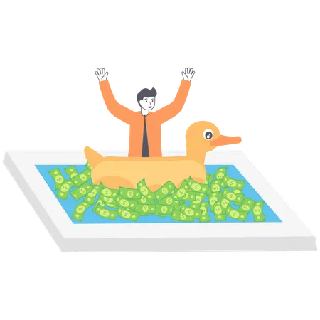 A Businessman Or Manager Is Floating In The Sea With The Money With A Swimming Ring Rubber Duck Vector Illustration Flat Illustration