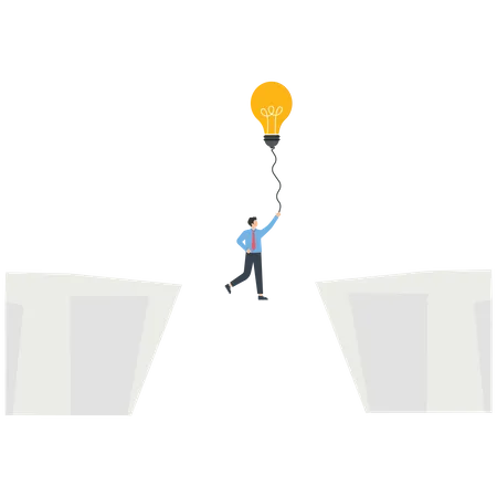 Businessman floating up in between a cliff by light bulb balloon  Illustration