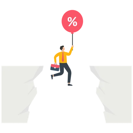 Businessman floating up in between a cliff by percentage symbol balloon  Illustration