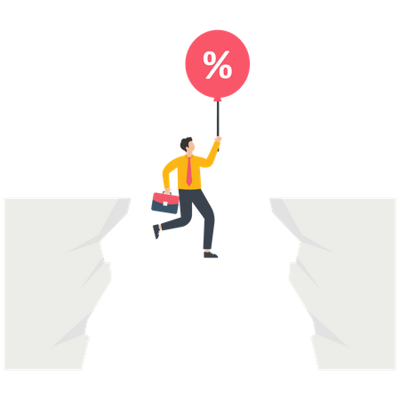 Businessman floating up in between a cliff by percentage symbol balloon  Illustration