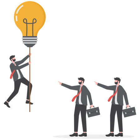 Businessman floats up with an idea light bulb  Illustration