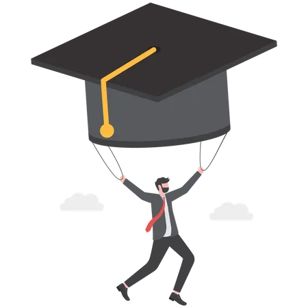 Education Or Knowledge To Growth Career Path Working Skill To Success In Work Learn Or Study New Course For Business Success Concept Businessman Fly Graduation Mortar Hat Balloon See Future Vision Illustration