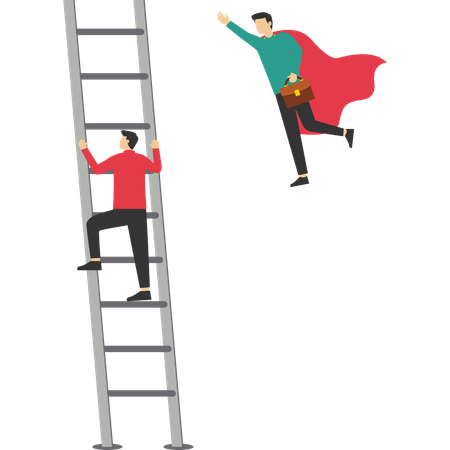 Businessman fly up pass other one clim on ladder to sky  Illustration