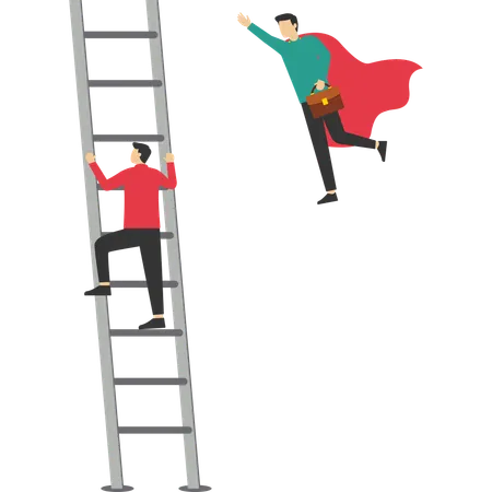 Business Competition Businessman Fly Up Pass The Other One Clim On Ladder To The Sky Illustration