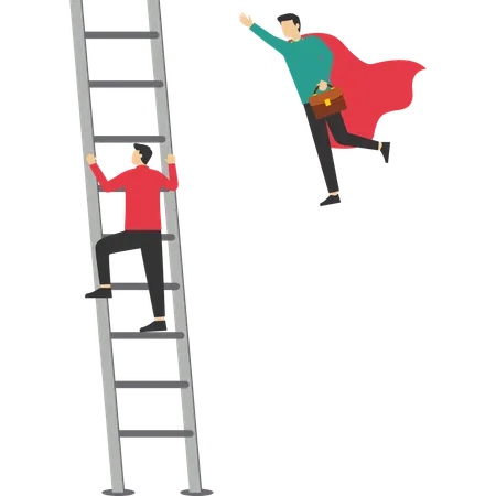 Businessman fly up pass other one clim on ladder to sky  Illustration