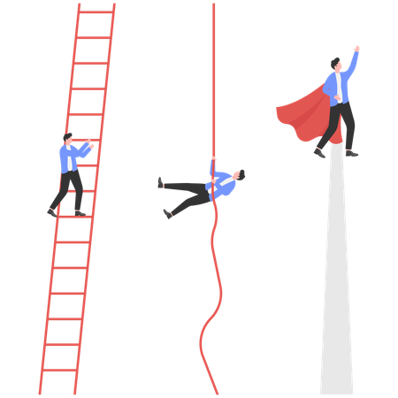 Businessman fly up pass the other one climb on ladder to the sky  Illustration
