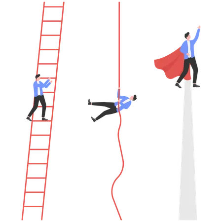 Businessman fly up pass the other one climb on ladder to the sky  Illustration
