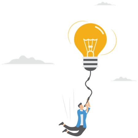 Businessman fly with glowing lightbulb idea to catch star representing creativity  Illustration