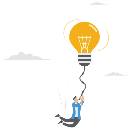 Businessman fly with glowing lightbulb idea to catch star representing creativity  Illustration