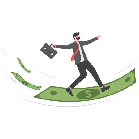 Businessman Fly With Money Earn More Money Concept Illustration
