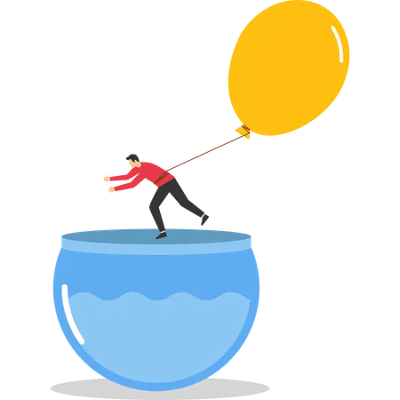 Businessman flying away from fishbowl with help of balloon  Illustration