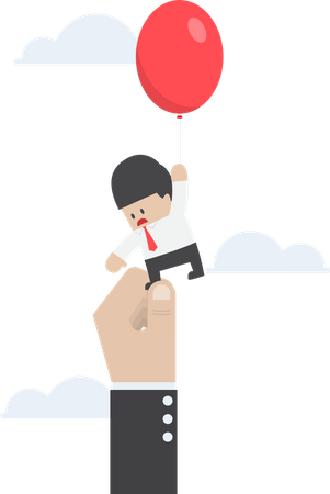 Businessman flying away with balloon but being hindered by large hands Illustration