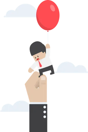 Businessman flying away with balloon but being hindered by large hands  Illustration