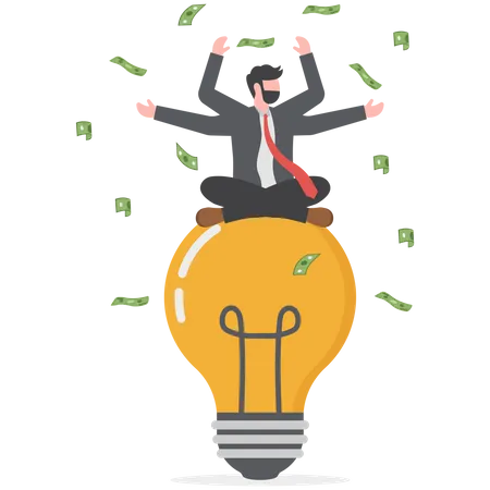 Businessman flying banknotes to sitting on lightbulb  Illustration