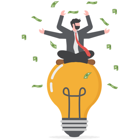 Businessman flying banknotes to sitting on lightbulb  Illustration