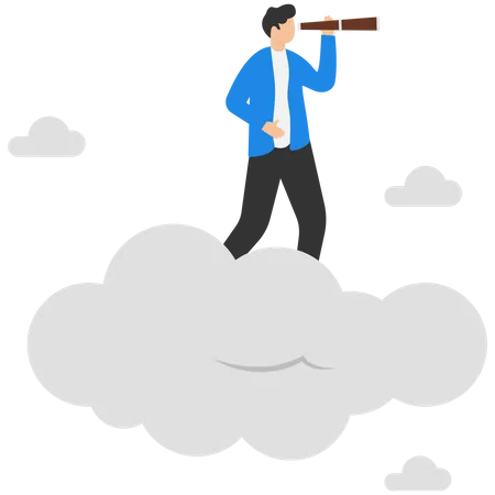 Businessman Flying High Clouds Looking Forward Through The Telescope  Illustration