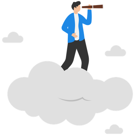 Businessman Flying High Clouds Looking Forward Through The Telescope  Illustration