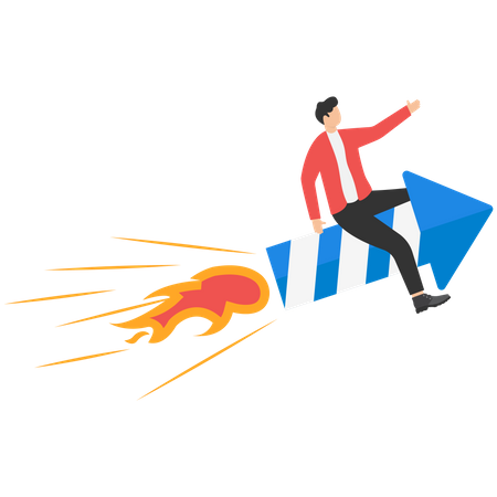 Businessman flying high riding fireworks rocket  Illustration