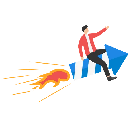 Businessman flying high riding fireworks rocket  Illustration