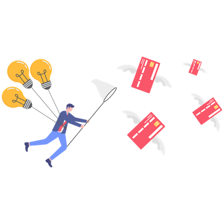 Businessman flying in air with bulb while catching credit card  Illustration