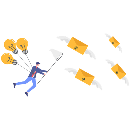 Businessman flying in air with bulb while catching email  Illustration