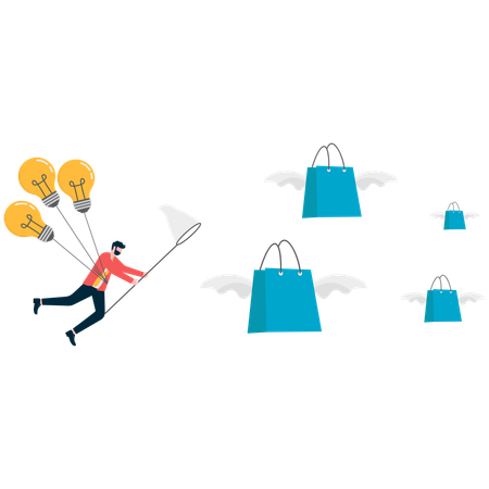 Businessman flying in air with bulb while catching shopping bags  Illustration