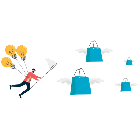 Businessman flying in air with bulb while catching shopping bags  Illustration