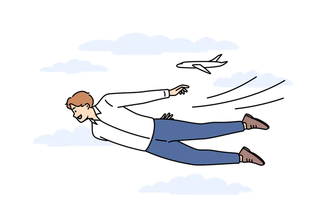 Businessman flying in sky near airplane  Illustration