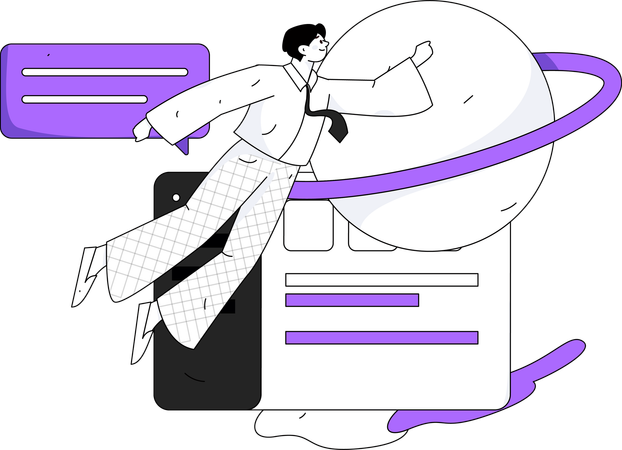 Businessman flying in space while getting business task  Illustration