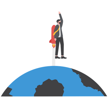 Businessman flying into sky with rocket  Illustration